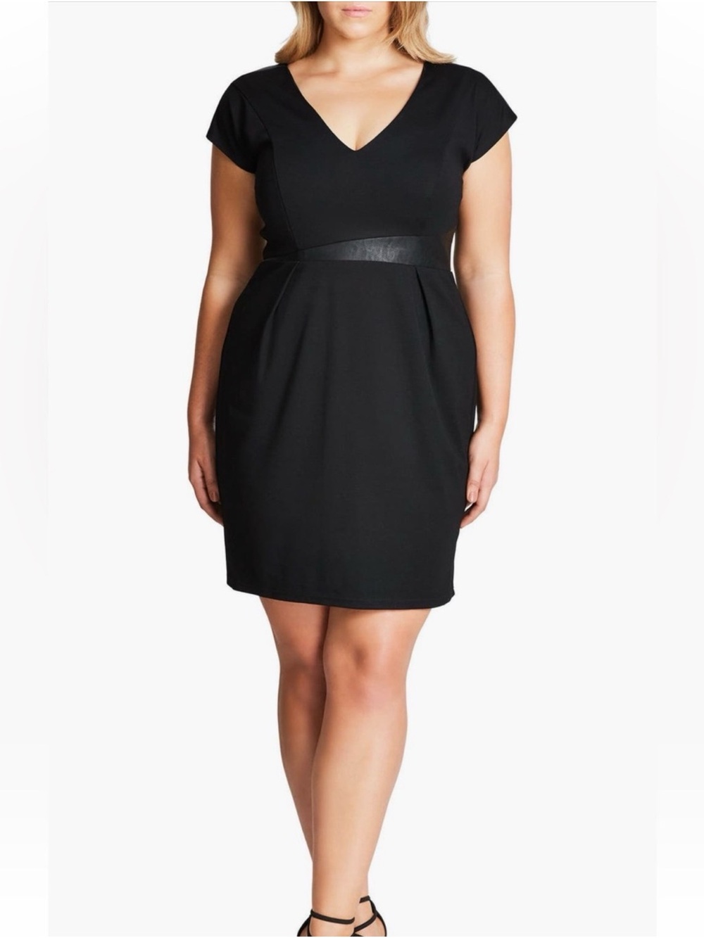 City Chic Black V-Neck Dress with Faux-Leather Waist